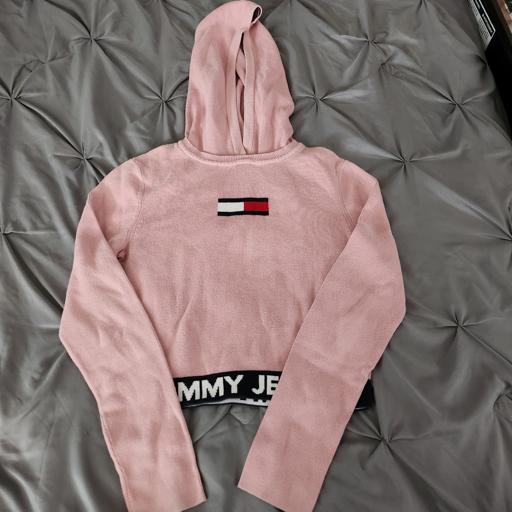 Tommy Jeans Pink Knit Cropped Hoodie Sweater Flag Logo Womens Small S/P Cotton